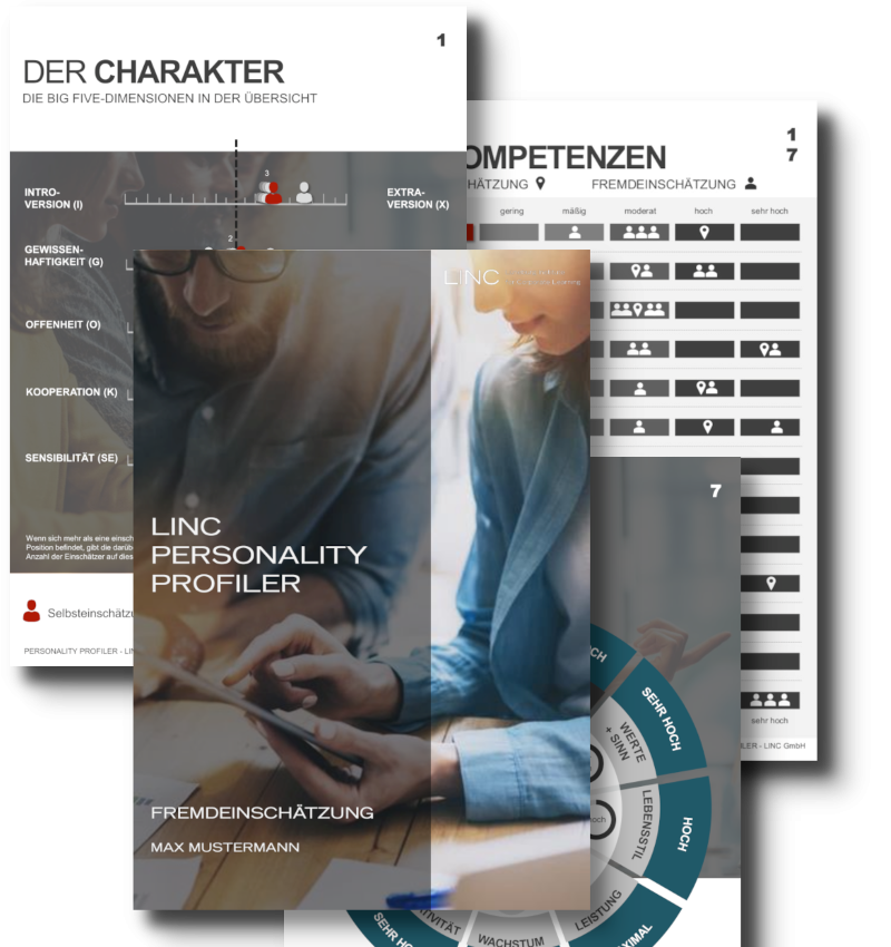 LPP 360 Grad Feedback Drei Präsentationsfolien mit Diagrammen und Text.