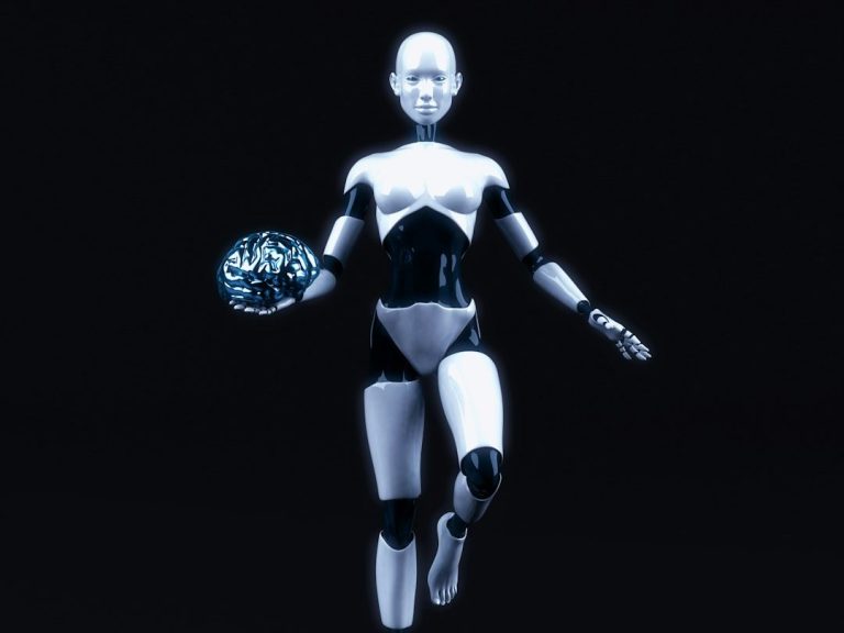 Ein Mensch steht an der Kreuzung eines komplexen, beleuchteten Labyrinths.