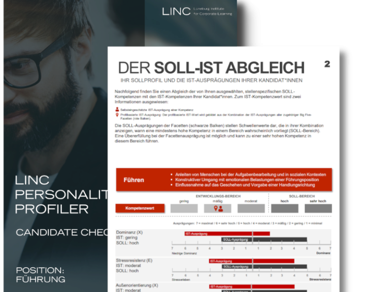 Textdokument über den LINC Persönlichkeit Profiler mit grafischen Daten und Analyse.